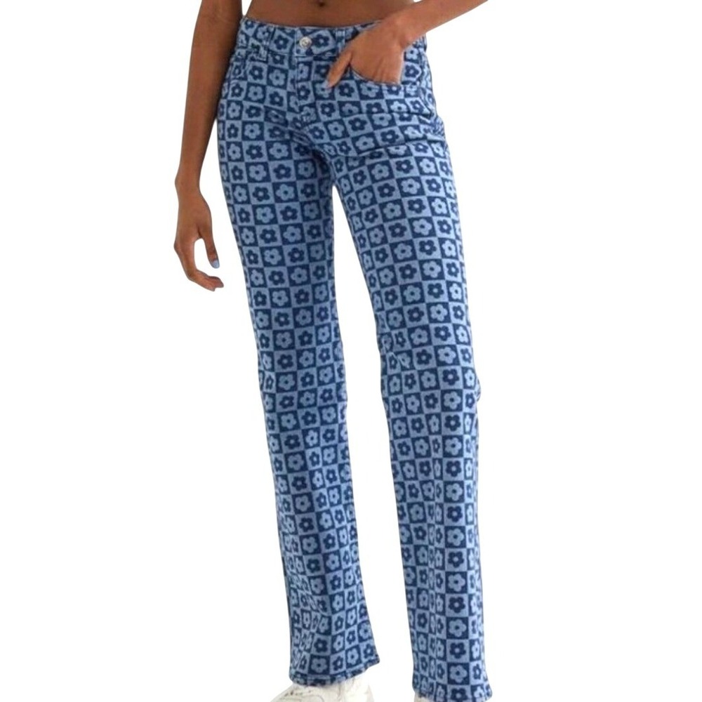 Divided H M Women‎ Blue Flower Checkerboard Flare Jeans Size 10